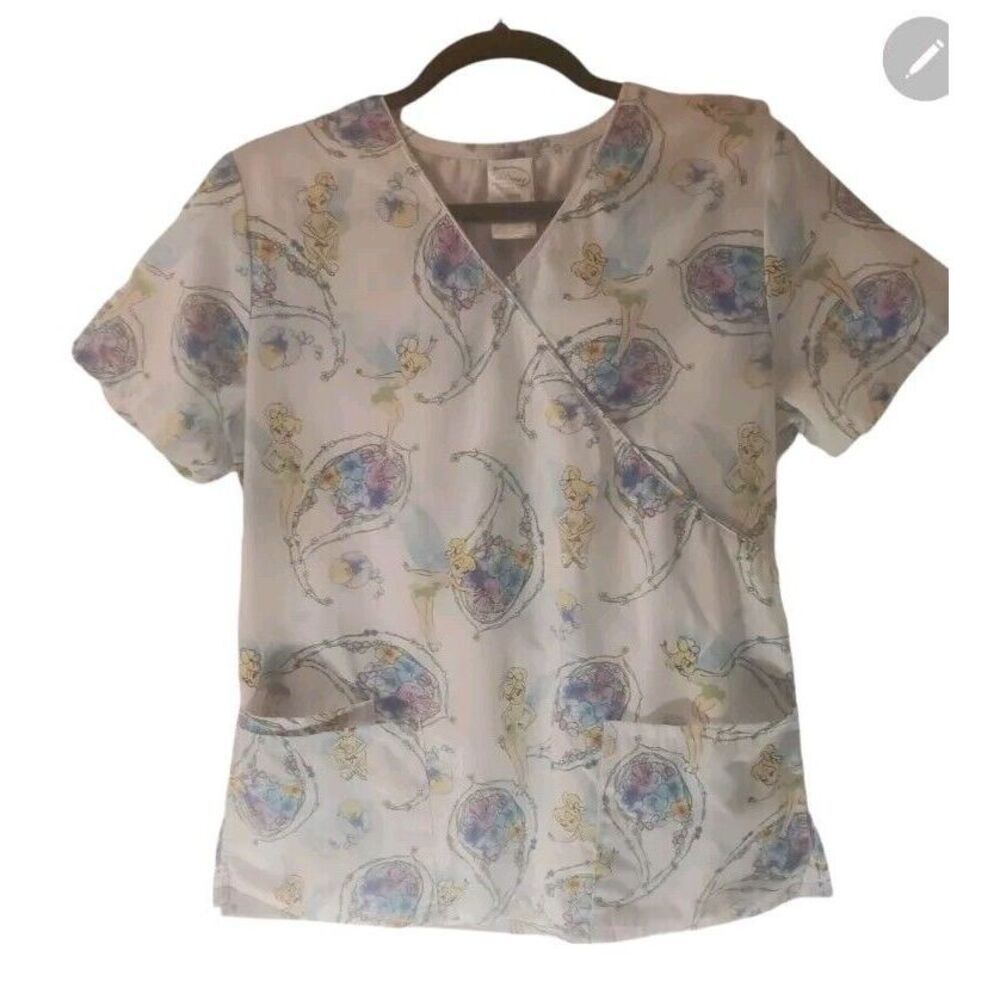 Womens  Tinkerbell Scrub Top Small 2 Pocket Mock Wrap Draw String Size S